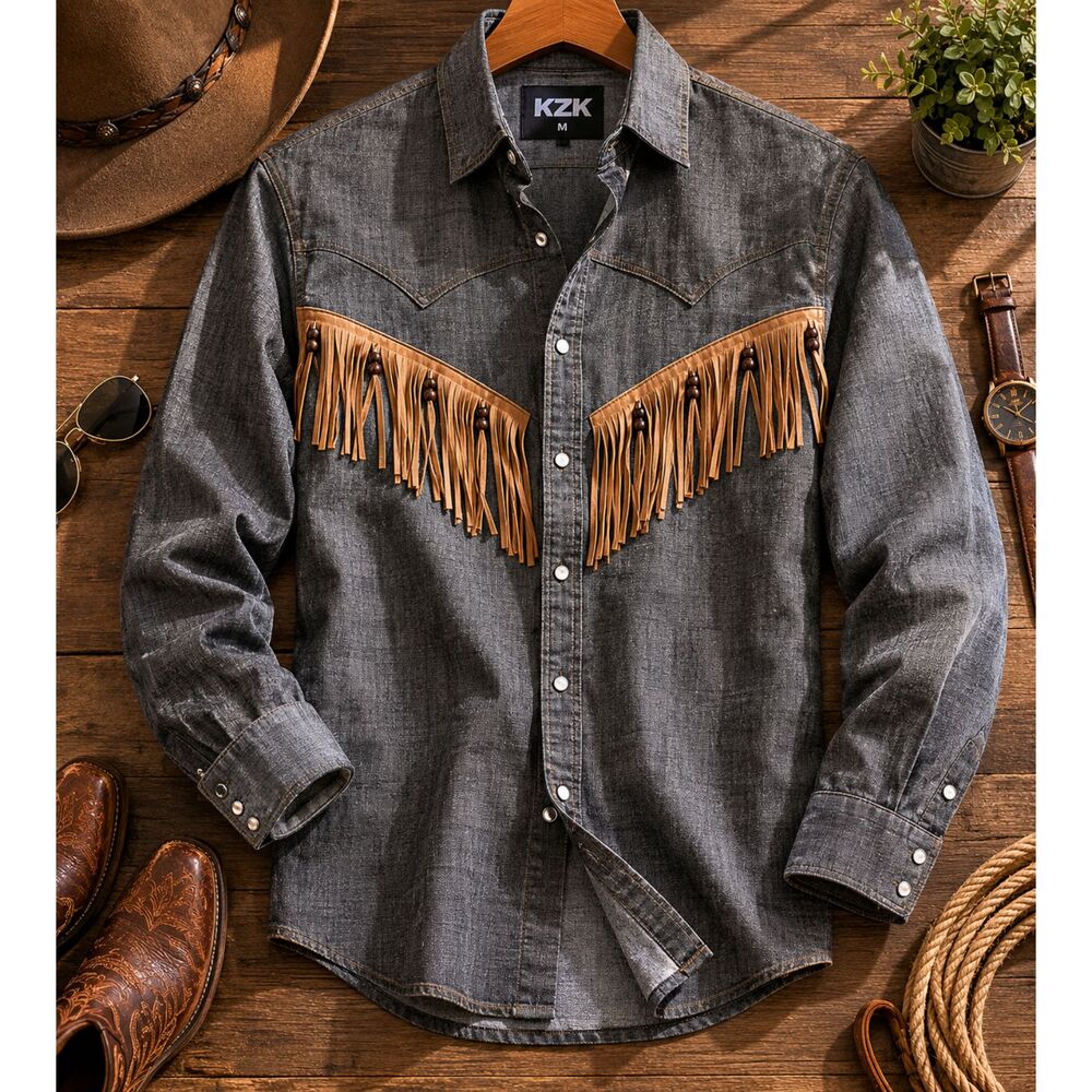KZK Western Button Up Fringe Cowgboy Beaded Shirt Mens Size Medium Vintage (299m